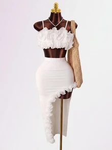 Mistrie Summer White 70's Holiday Party Disco Vacation Two Pieces Set,Fish Silk Thread 3D Flower Decoration Camisole Top&Split Long Skirt For ,Holiday - White - View 1