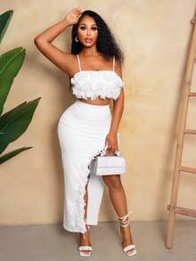 Mistrie Summer White 70's Holiday Party Disco Vacation Two Pieces Set,Fish Silk Thread 3D Flower Decoration Camisole Top&Split Long Skirt For ,Holiday - White - View 8