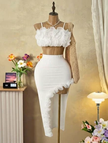 Mistrie Summer White 70's Holiday Party Disco Vacation Two Pieces Set,Fish Silk Thread 3D Flower Decoration Camisole Top&Split Long Skirt For ,Holiday - White - View 9