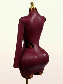 Mistrie Sexy Crocodile Print Cutout Waist Long Sleeve High Neck Club Mini Dress - Burgundy - View 3