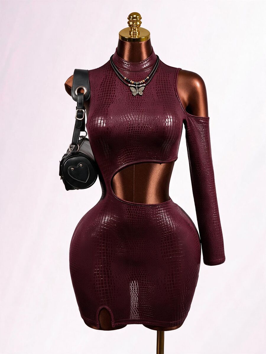 Mistrie Sexy Crocodile Print Cutout Waist Long Sleeve High Neck Club Mini Dress