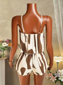Zolique Women's Pleated Fabric White And Brown Color Short Jumpsuit Beach Summer Casual - Brown - View 2