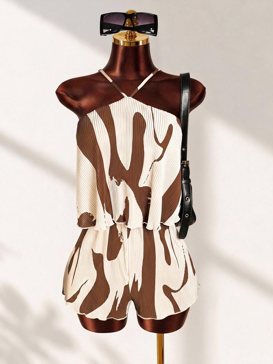 Zolique Women's Pleated Fabric White And Brown Color Short Jumpsuit Beach Summer Casual - Brown - View 1