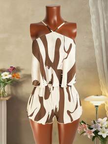 Zolique Women's Pleated Fabric White And Brown Color Short Jumpsuit Beach Summer Casual - Brown - View 7