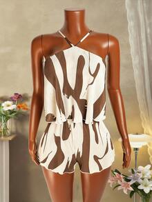 Zolique Women's Pleated Fabric White And Brown Color Short Jumpsuit Beach Summer Casual - Brown - View 5