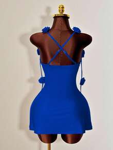 Mistrie Biru Royal, Musim Panas, Gaya 70-an, Gaun Pesta Malam Wanita, Gaun Mini Bodycon dengan Dekorasi Mawar 3D, Gaun Koktail Berkerut dengan Punggung Terbuka untuk Kencan Malam - Royal Blue - View 2