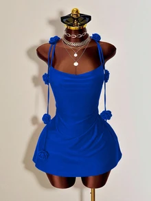 Mistrie Biru Royal, Musim Panas, Gaya 70-an, Gaun Pesta Malam Wanita, Gaun Mini Bodycon dengan Dekorasi Mawar 3D, Gaun Koktail Berkerut dengan Punggung Terbuka untuk Kencan Malam - Royal Blue - View 4