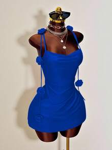 Mistrie Biru Royal, Musim Panas, Gaya 70-an, Gaun Pesta Malam Wanita, Gaun Mini Bodycon dengan Dekorasi Mawar 3D, Gaun Koktail Berkerut dengan Punggung Terbuka untuk Kencan Malam - Royal Blue - View 5