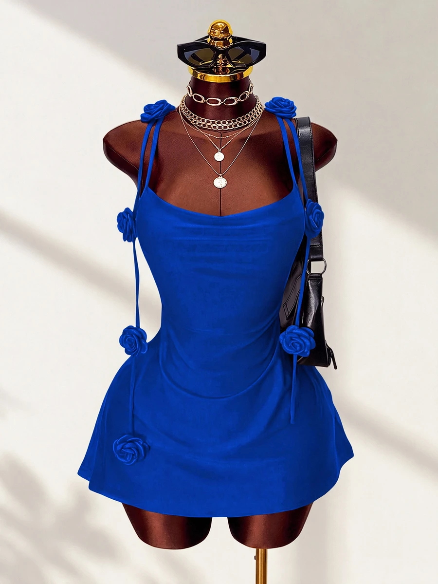 Mistrie Biru Royal, Musim Panas, Gaya 70-an, Gaun Pesta Malam Wanita, Gaun Mini Bodycon dengan Dekorasi Mawar 3D, Gaun Koktail Berkerut dengan Punggung Terbuka untuk Kencan Malam - Royal Blue - View 1