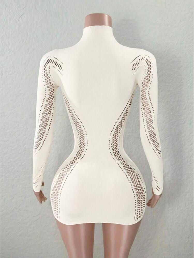 Mistrie Women's Solid Color Stand Collar Long Sleeve Cutout Sexy Bandage Bodycon Dress Night Out Club Off-White Autumn - Beige - View 2
