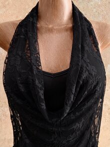 Mistrie Spring Summer Casual All-Match Halter Lace-Splice Stylish Sexy Women's T-Shirt - Black - View 6