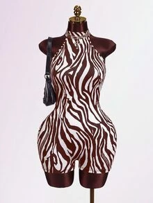 Mistrie Women's Zebra Print Sexy Halter Neck Tie-Up Fitted Romper Club Night Out White And Brown Summer - Brown - View 2