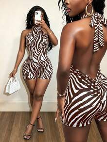 Mistrie Women's Zebra Print Sexy Halter Neck Tie-Up Fitted Romper Club Night Out White And Brown Summer - Brown - View 4