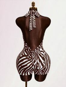 Mistrie Women's Zebra Print Sexy Halter Neck Tie-Up Fitted Romper Club Night Out White And Brown Summer - Brown - View 3