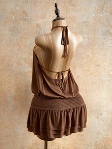 Mistrie 性感熱帶休閒純色露背掛脖洋裝，適合夏季度假、咖啡棕色、海灘俱樂部 - 棕色 - 查看 3