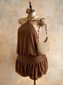 Mistrie 性感熱帶休閒純色露背掛脖洋裝，適合夏季度假、咖啡棕色、海灘俱樂部 - 棕色 - 查看 5