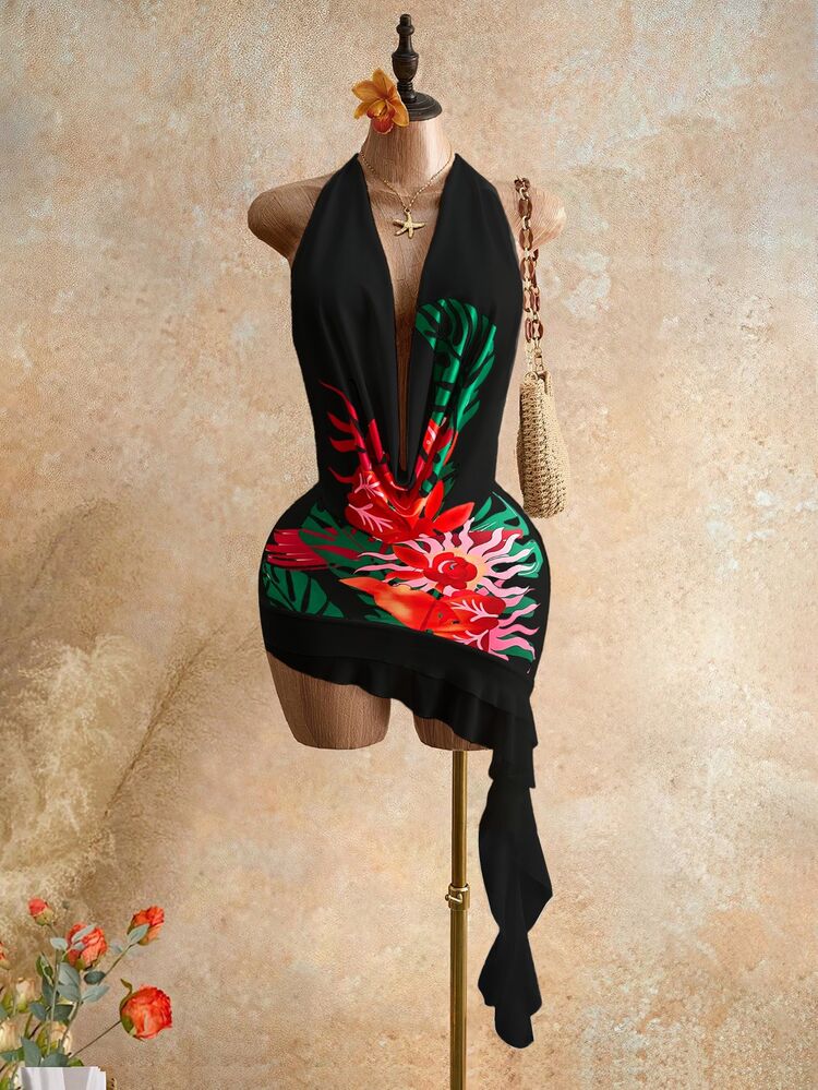 Mistrie Vacation Style Tropical Floral Print Draped Neck Ruffle Low Cut Backless Flounce Asymmetrical Tie Chiffon Patchwork Maxi Dress Sexy Black Summer Night - Black - View 6