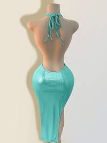 Zolique Women Solid Color Halter Sexy Dress Party Club Teal Blue Summer - Mint Blue - View 2