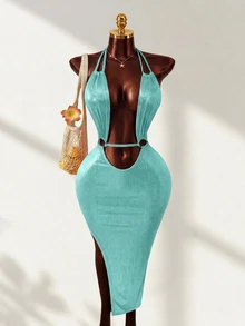 Zolique Women Solid Color Halter Sexy Dress Party Club Teal Blue Summer - Mint Blue - View 1