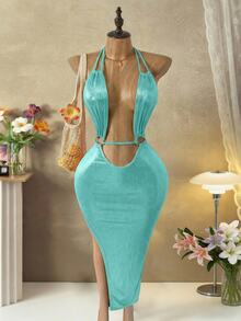 Zolique Women Solid Color Halter Sexy Dress Party Club Teal Blue Summer - Mint Blue - View 3