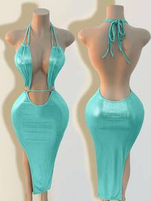 Zolique Women Solid Color Halter Sexy Dress Party Club Teal Blue Summer - Mint Blue - View 8