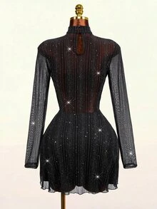Mistrie 2026 Early Fall Party Night Club Loose Fit Sexy Gothic Cowl Neck Sequin Glitter Mesh Flare Short Dress For Women Halloween Black And Silver - Black - View 3