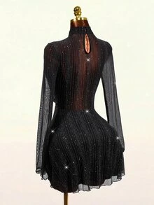 Mistrie 2026 Early Fall Party Night Club Loose Fit Sexy Gothic Cowl Neck Sequin Glitter Mesh Flare Short Dress For Women Halloween Black And Silver - Black - View 7