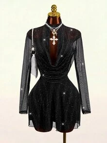 Mistrie 2026 Early Fall Party Night Club Loose Fit Sexy Gothic Cowl Neck Sequin Glitter Mesh Flare Short Dress For Women Halloween Black And Silver - Black - View 4