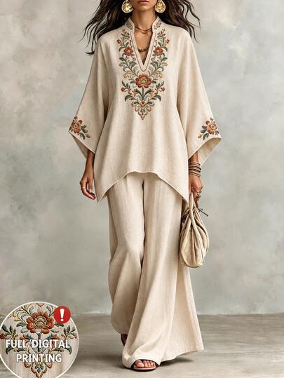 SHEIN Bohemian Vacation Style Faux Vintage Embroidered Floral Print 2 Pieces Set, French Gentle V-Neck Batwing Sleeve Top And Wide Leg Pants Set, Stand Collar Asymmetrical Hem Top, Vacation Casual 2 Pieces Set