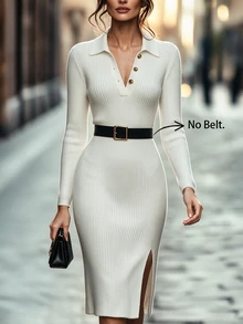 SHEIN Gaun Midi Rajut Bergaris Kerah Polo Mewah Musim Semi/Gugur Terbaru untuk Wanita, Kancing Emas, Lengan Panjang, Belahan Samping, Ramping - Putih - View 1