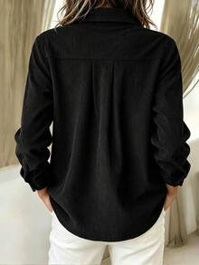 Holdful Holdful Women's Solid Color Long Sleeve Single-Breasted Pocket Casual Shirt - Black - View 2