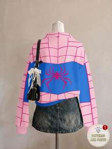 SHEIN EZwear 女款粉藍蜘蛛印花寬鬆半拉鍊高領輕便套頭運動衫，適合秋冬、萬聖節、電影約會、朋友聚會 - 彩色 - 查看 2