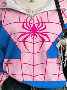 SHEIN EZwear 女款粉藍蜘蛛印花寬鬆半拉鍊高領輕便套頭運動衫，適合秋冬、萬聖節、電影約會、朋友聚會 - 彩色 - 查看 6