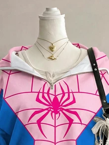 SHEIN EZwear 女款粉藍蜘蛛印花寬鬆半拉鍊高領輕便套頭運動衫，適合秋冬、萬聖節、電影約會、朋友聚會 - 彩色 - 查看 3