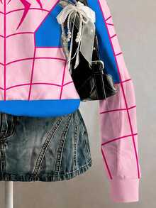 SHEIN EZwear 女款粉藍蜘蛛印花寬鬆半拉鍊高領輕便套頭運動衫，適合秋冬、萬聖節、電影約會、朋友聚會 - 彩色 - 查看 5