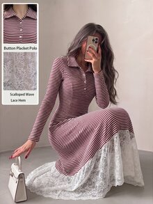 Modelyn French Design Striped Contrast Lace Women's Dress - Burgundy - View 3