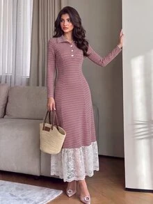 Modelyn French Design Striped Contrast Lace Women's Dress - Burgundy - View 5