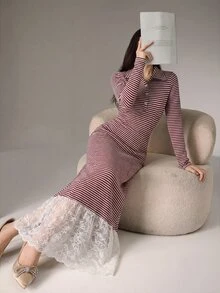 Modelyn French Design Striped Contrast Lace Women's Dress - Burgundy - View 6