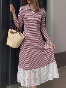Modelyn French Design Striped Contrast Lace Women's Dress - Burgundy - View 2