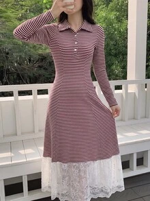 Modelyn French Design Striped Contrast Lace Women's Dress - Burgundy - View 7