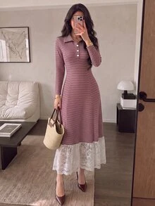 Modelyn French Design Striped Contrast Lace Women's Dress - Burgundy - View 1