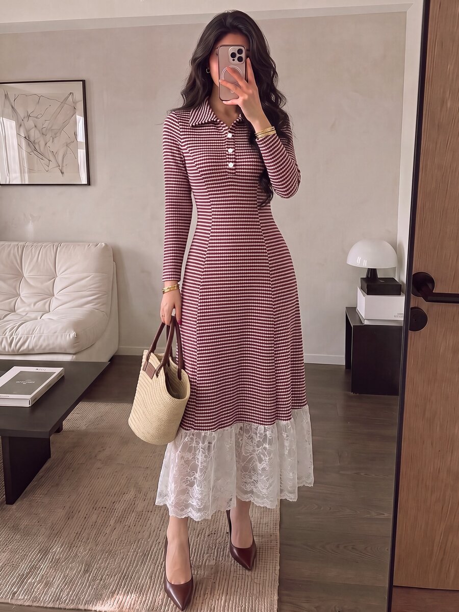 Modelyn French Design Striped Contrast Lace Women's Dress - Burgundy - View 1