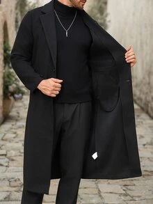 Manfinity Homme Men's Solid Color Pocket & Button Front Long Sleeve Overcoat, Autumn Fall Clothes, Winter Ceremony - Black - View 8