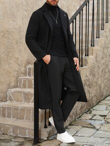 Manfinity Homme Men's Solid Color Pocket & Button Front Long Sleeve Overcoat, Autumn Fall Clothes, Winter Ceremony - Black - View 6