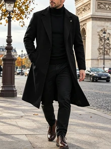 Manfinity Homme Men's Solid Color Pocket & Button Front Long Sleeve Overcoat, Autumn Fall Clothes, Winter Ceremony - Black - View 7
