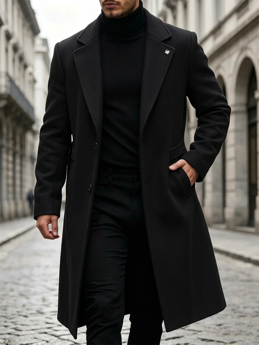 Manfinity Homme Men's Solid Color Pocket & Button Front Long Sleeve Overcoat, Autumn Fall Clothes, Winter Ceremony - Black - View 1