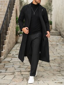 Manfinity Homme Men's Solid Color Pocket & Button Front Long Sleeve Overcoat, Autumn Fall Clothes, Winter Ceremony - Black - View 4