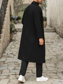 Manfinity Homme Men's Solid Color Pocket & Button Front Long Sleeve Overcoat, Autumn Fall Clothes, Winter Ceremony - Black - View 2