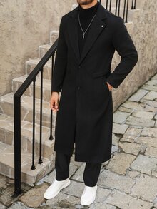 Manfinity Homme Men's Solid Color Pocket & Button Front Long Sleeve Overcoat, Autumn Fall Clothes, Winter Ceremony - Black - View 5
