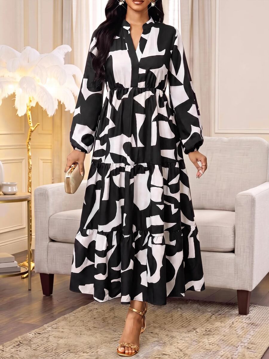 Fleurora Women's Vacation Print Colorblock Long Sleeve Elegant Modest Dress Party Brunch Night Dinner Church Dress Black And White Autumn Going Out Dress - Black and White - View 1